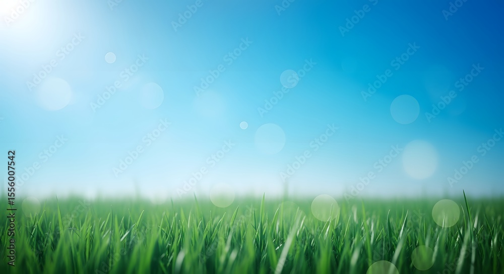 Lush green grass against a bright blue sky with bokeh effects Lush green grass against a bright blue sky with bokeh effects