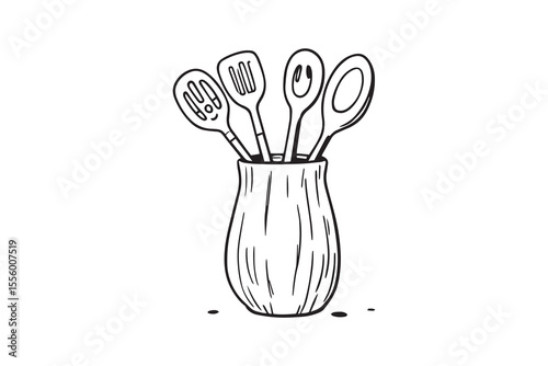 Stylish kitchen utensil holder with wooden line art and black color
