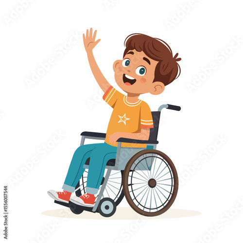 Happy Boy in Wheelchair: A cheerful boy with a bright smile sits in his wheelchair, waving happily.  He radiates positivity and joy.