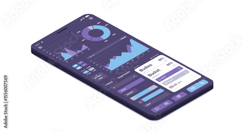 Mobile data analytics dashboard vector illustration for app design in isometric style
