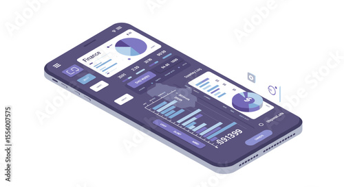 Isometric finance app vector illustration: mobile ui design for analytics dashboard