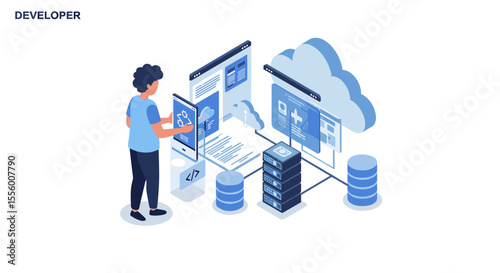 Cloud computing and software development vector illustration in isometric style for digital design