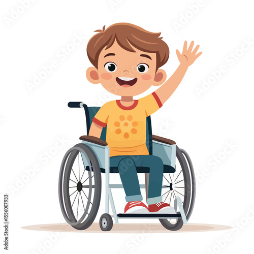 Joyful Welcoming: A happy child in a wheelchair, waving with enthusiasm. This image radiates positivity and inclusion, symbolizing childhood, hope and independence.