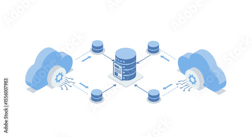 Cloud data management vector illustration: network connectivity and security design for web or print in isometric style