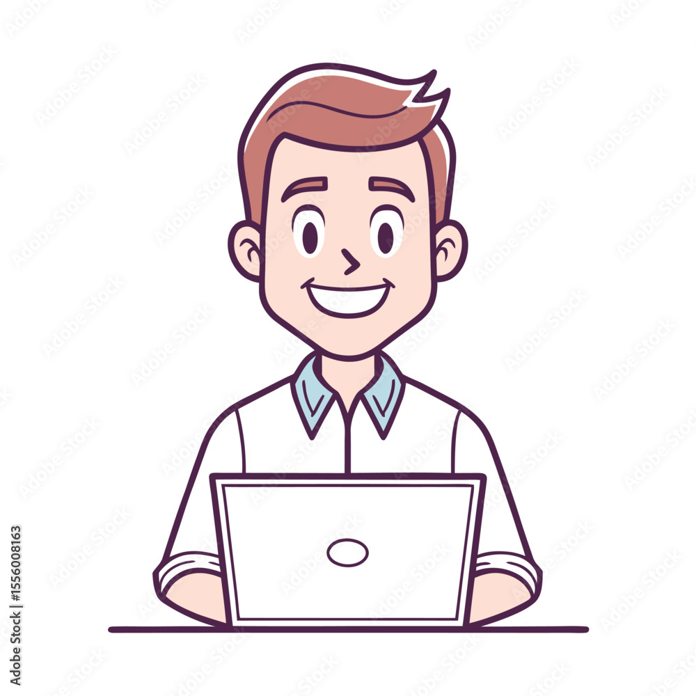 Young Professional Working on Laptop: An illustration of a cheerful young professional sitting in front of his laptop. Young Professional Working on Laptop: An illustration of a cheerful young professional sitting in front of his laptop.