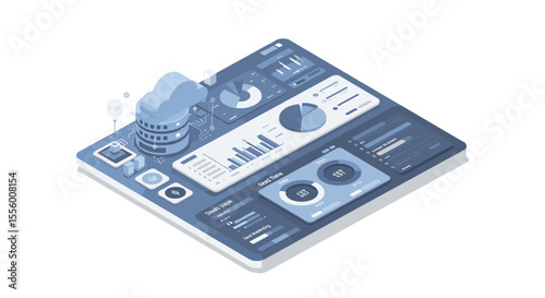 Isometric cloud computing dashboard vector illustration for data analysis design