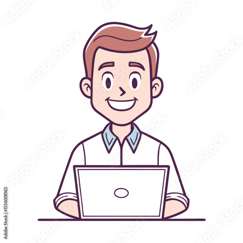 Young Professional Working on Laptop: An illustration of a cheerful young professional sitting in front of his laptop.