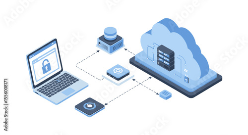 Cloud computing security data transfer vector illustration for tech poster in isometric style