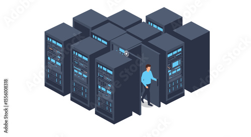 Isometric data center network concept vector illustration for tech design poster