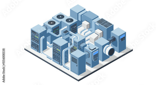 Isometric data center server room vector illustration for technology design