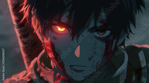 Close-up of a fierce anime character, covered in blood, with a glowing, fiery red eye