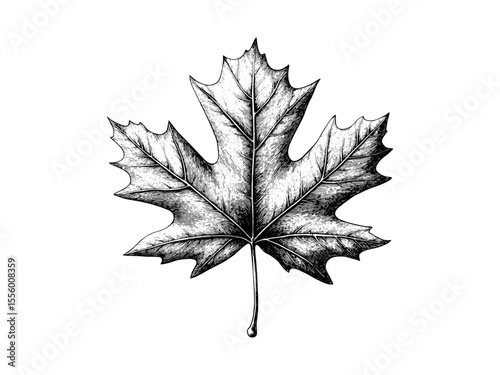 Rustic hand-drawn maple leaf in vintage engraving style, black ink sketch, autumn seasonal illustration, retro wall art, fall nature print, harvest celebration design, classic botanical art