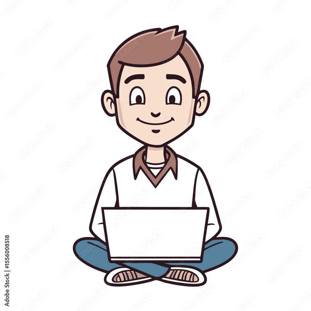 Smiling Man with Laptop: A cheerful cartoon depicts a man joyfully working on a laptop, symbolizing modern technology and user engagement. Smiling Man with Laptop: A cheerful cartoon depicts a man joyfully working on a laptop, symbolizing modern technology and user engagement.