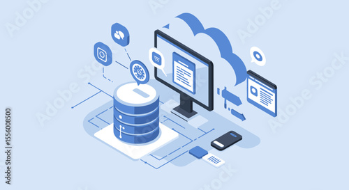 Cloud data storage and management vector illustration for tech design in isometric style