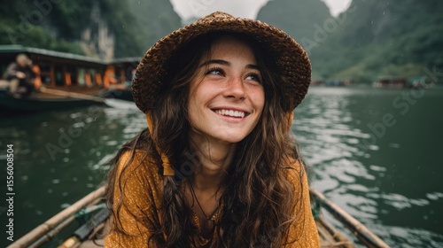 Enchanting Ha Long Bay Journey: Portrait of a Smiling Woman in Traditional Hat