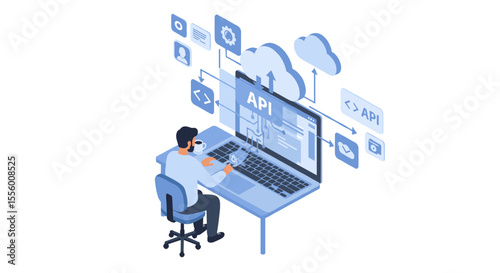 Developer coding api solutions in office setting vector illustration for tech design projects