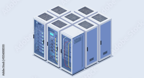 Isometric data center server rack vector illustration for technology design