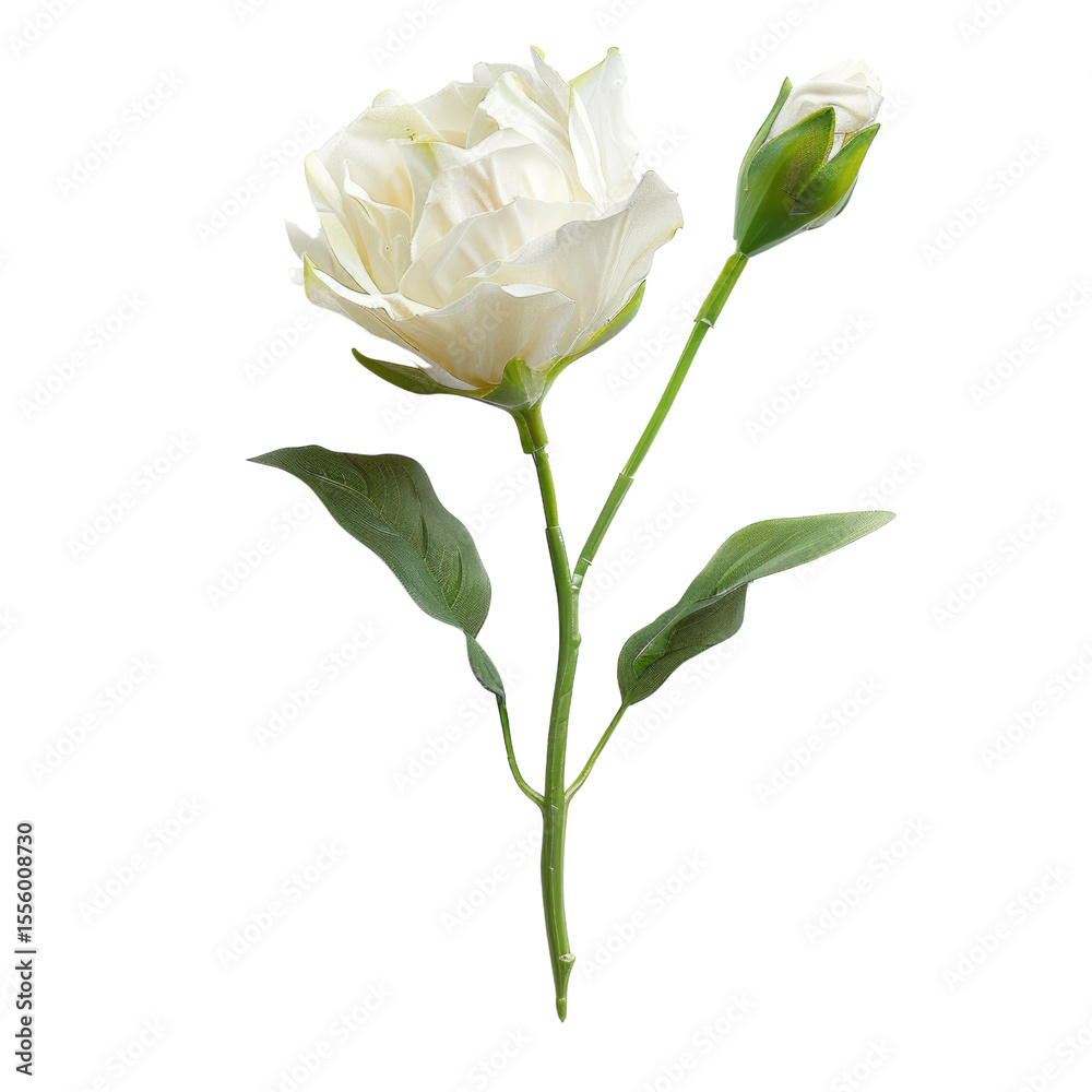 Single white Lisianthus flower with bud, elegant and delicate, on a green stem. background removed Single white Lisianthus flower with bud, elegant and delicate, on a green stem. background removed