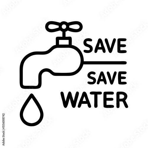 Faucet dripping water with "Save Water" icon, conservation message, transparent background, minimalistic design
