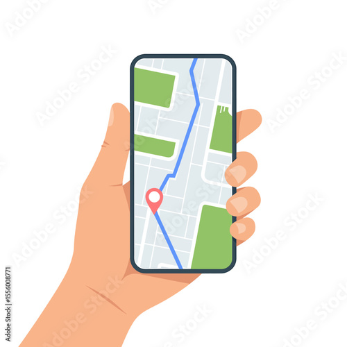 Flat Design Illustration Hand Holding Smartphone with Navigation Map App