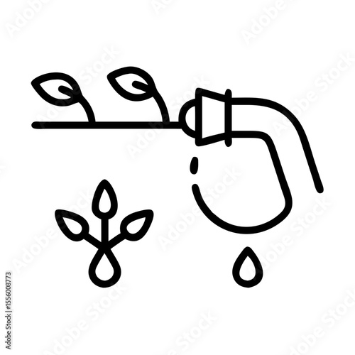Drip irrigation icon with hose and sprouts, eco-friendly gardening symbol, transparent background, minimalistic design