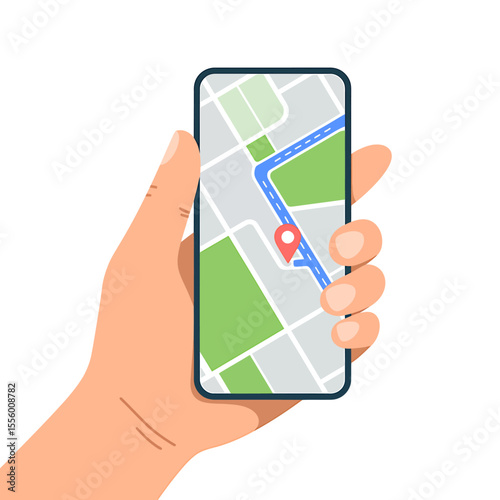 Flat Design Illustration Hand Holding Smartphone with GPS Map Navigation