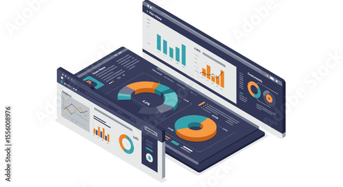Isometric vector illustration of business analytics dashboard design for data visualization