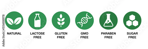 Six Circular Green Icons Natural, Lactose-Free, Gluten-Free, GMO-Free, Paraben-Free, and Sugar-Free Product Icons