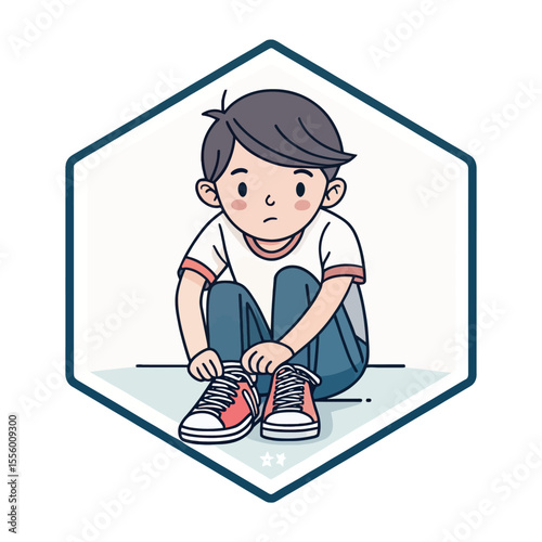 Boy's Shoe Lacing in a Hexagon Frame: A young boy, the essence of childhood, sits focused in a hexagonal frame, carefully tying his shoe, the scene framed with a clean and illustrative aesthetic.