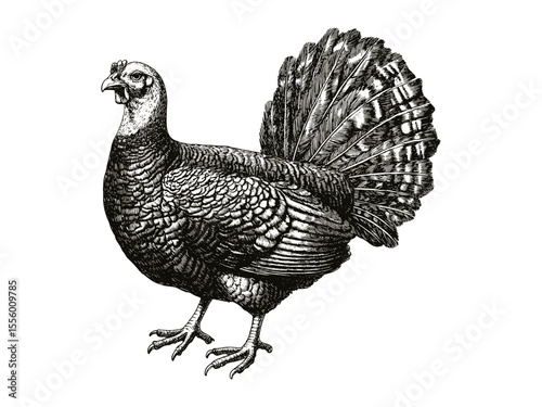 Vintage hand-drawn turkey illustration, black sketch engraving, retro holiday bird, antique seasonal wall decor, trendy fall motif, classic engraving style, Thanksgiving harvest art print
