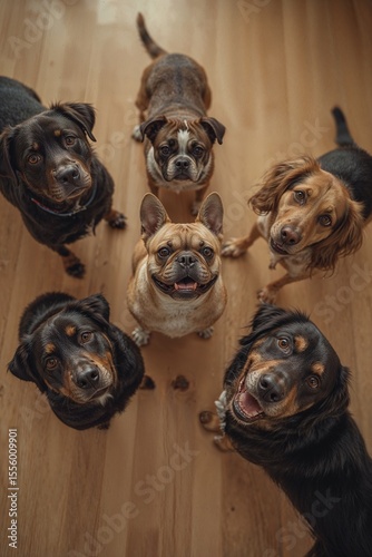 Fröhliche Hunde sitzen gemeinsam auf einem Holzboden – Blick von oben