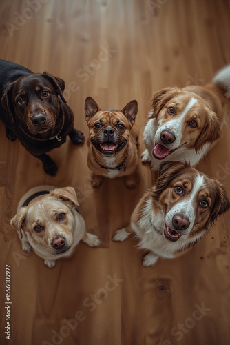 Fröhliche Hunde sitzen gemeinsam auf einem Holzboden – Blick von oben