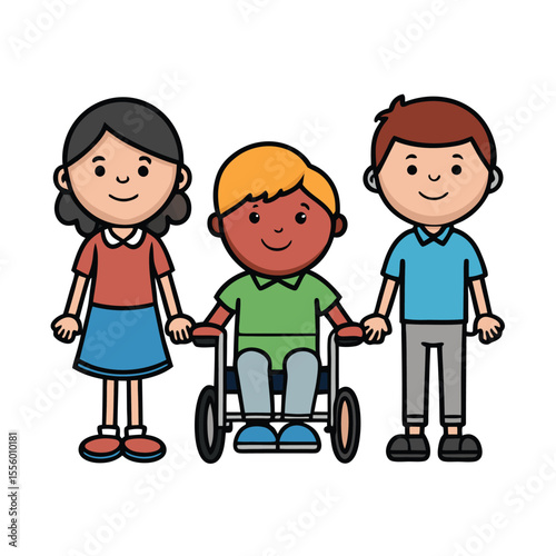 Inclusion and Togetherness: A heartwarming illustration of children, one in a wheelchair, holding hands to demonstrate solidarity and unity, signifying the beauty of acceptance and support.