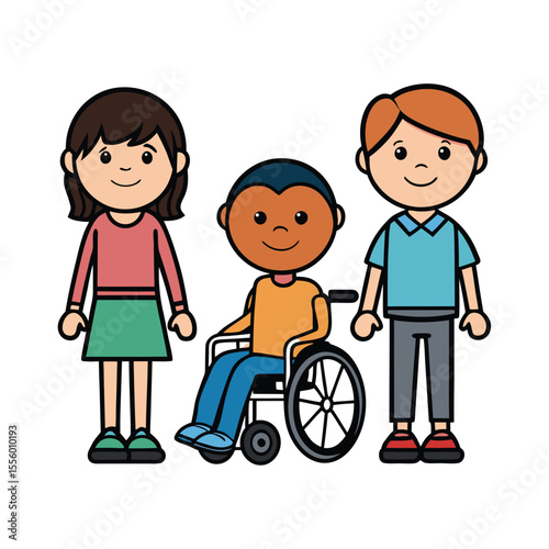 Inclusive Friendship: Three cartoon children, diverse in appearance, stand together, symbolizing friendship and inclusivity. One child uses a wheelchair, showcasing acceptance and understanding.