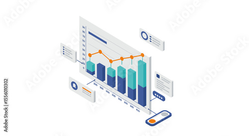 Business growth analysis vector illustration - bar and line graph data visualization for reports - isometric style