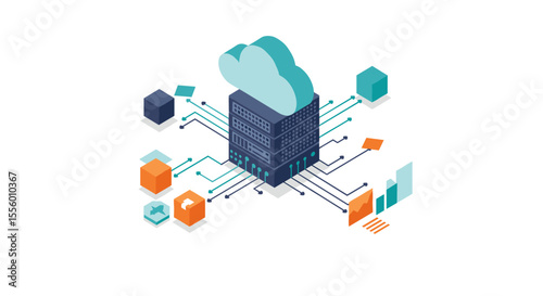 Isometric cloud computing data center vector illustration for technology design