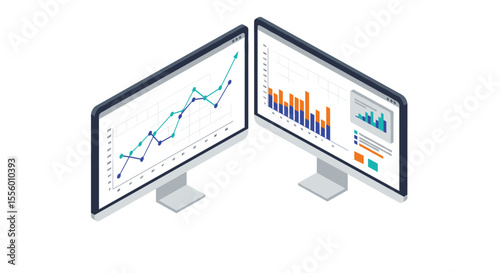 Isometric vector illustration of data analytics on dual monitors for business reports and analysis design