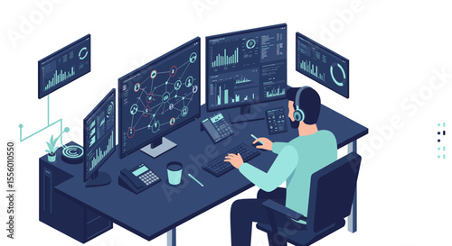 Modern workplace technology vector illustration for office design, digital monitoring concepts, flat style