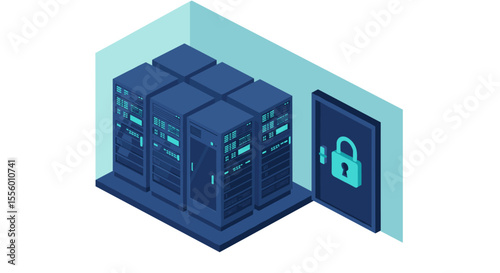 Data security in server room vector illustration for technology themed designs in isometric style