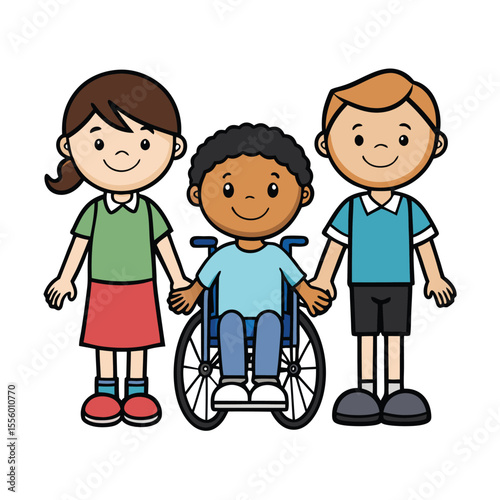 Support and Friendship: A heartwarming illustration of children standing united, embracing a child in a wheelchair, highlighting inclusivity and the spirit of community.