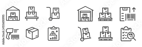 Icon collection representing warehouse management and logistics processes in a clean, modern design