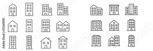 Collection of simple building outlines showcasing various architectural styles and designs