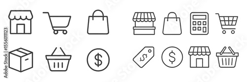 Icons of shopping and retail elements displayed in simple line art style for visual representation of commerce activities