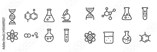 Icons representing various scientific concepts and laboratory tools displayed in a minimalist design for educational use