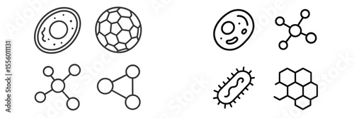 Illustration of various cellular structures, microorganisms, and molecular shapes in a minimalist design