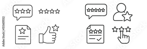 Review and rating icons illustrating feedback and evaluation of service or product quality in a digital format