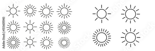 Different styles of sun illustrations showcasing various brightness and rays displayed in a structured arrangement