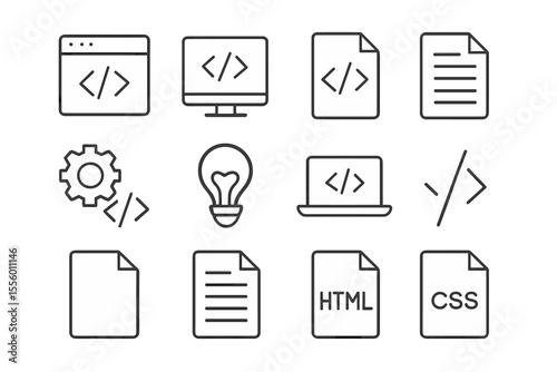 Coding and development icons representing web design and programming concepts in a simplistic style