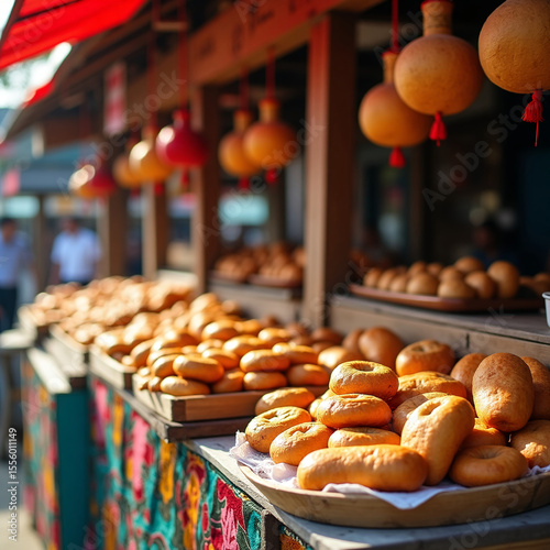 Village fair with traditional food, no people, wooden stalls. Market on city streets.