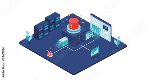 Cybersecurity alert system vector illustration: isometric design for tech poster